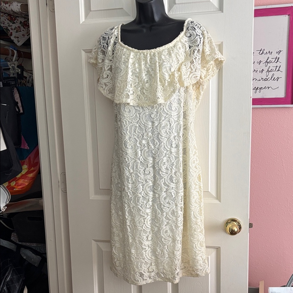 MARINA Ivory Lace Ruffle Mini Dress - Picture 4 of 8